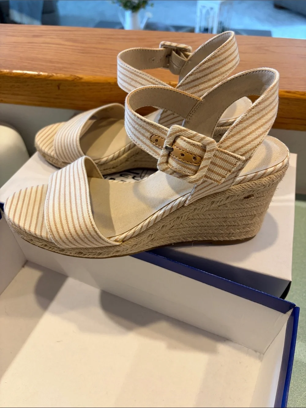 Life Stride Beige and White Striped Espadrille Wedge Sandals